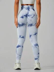 Leggings de sport pour femmes à taille haute avec contrôle du ventre, effet tie-dye, taille côtelée, gainant, élastiques et séchage rapide, pantalon de cyclisme - Bleu ciel - Voir 5