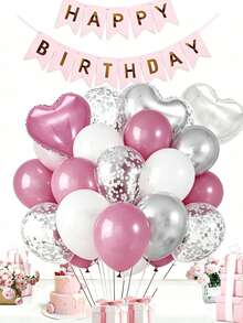 Pink And Silver Birthday Decorations, Pink White Silver Confetti Balloons Happy Birthday Balloon Banner Bobo Balloons Heart Foil Balloons For Birthday Party Decoration Room Decor Wedding Valentines - Birthday Decoration - 查看 1