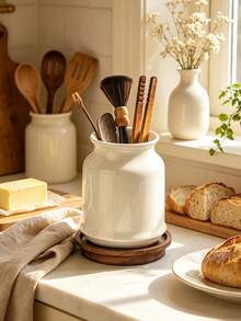 Minimalist White Resin Chopstick And Utensil Holder, Nordic Style Kitchen Utensil Rack With Wooden Tray, Multifunctional Knife Fork Spoon Storage Rack Suitable For Home Kitchen, Dining Table, Coffee Shop, Bistro, Countertop Organization, Table Decoration, Durable Resin Material, Easy To Clean, Perfect For Daily Kitchen Use And Tabletop Display - Multicolor - View 10