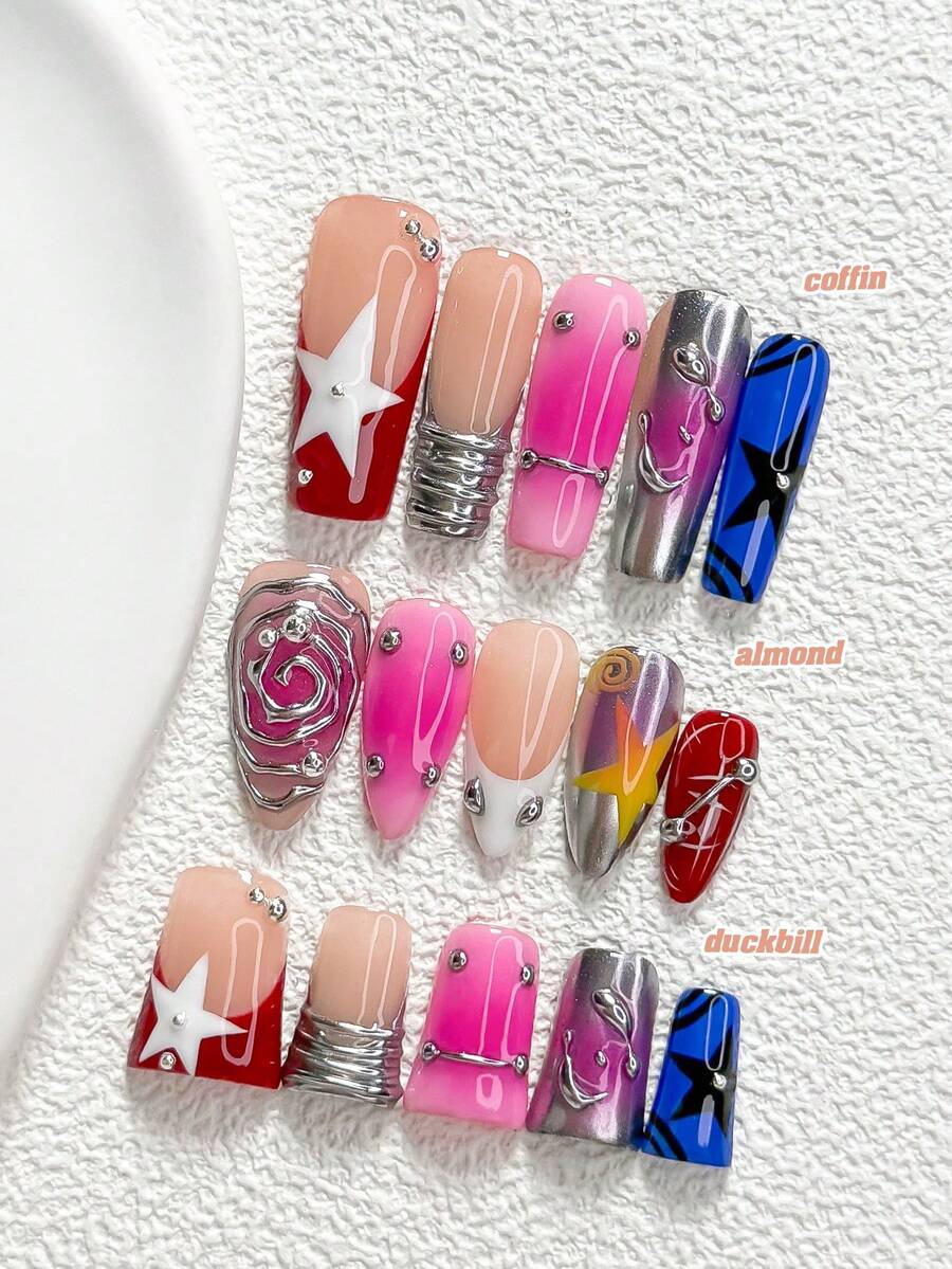 10pcs Avant-Garde Fashion Handmade Press-On Nails, Polygel Nail Art Set, Color Block Design With Lines And Star Elements, Red, Pink, Blue And Silver Nail Polish, Casual Style, Includes Nail Tools, 3 Sizes Available, Almond, Duck, Coffin Shape, Suitable For Party, Dancing, Daily Wear - 彩色 - 查看 1