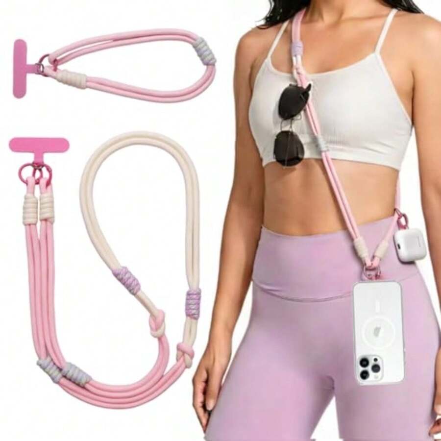 3 en 1 Correa para Celular, Cordón Antirrobo para Teléfono, Longitud Ajustable, Nylon Grueso y Hebilla de Aleación, Ideal para Viaje, Uso Diario, Compatible con iPhone y Android - Beige rosado - Ver 1