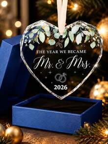 Gift Box Transparent Crystal Glass Ornament, Mr&Mrs Wedding Keepsake Pendant, Newlywed Couple Christmas Tree Hanging Decor, Valentine's Day Gift, Bridal Shower Party Favor, Anniversary And Mother's Day Newlywed Couple Gift - Heart-shaped Pendant Set - View 1