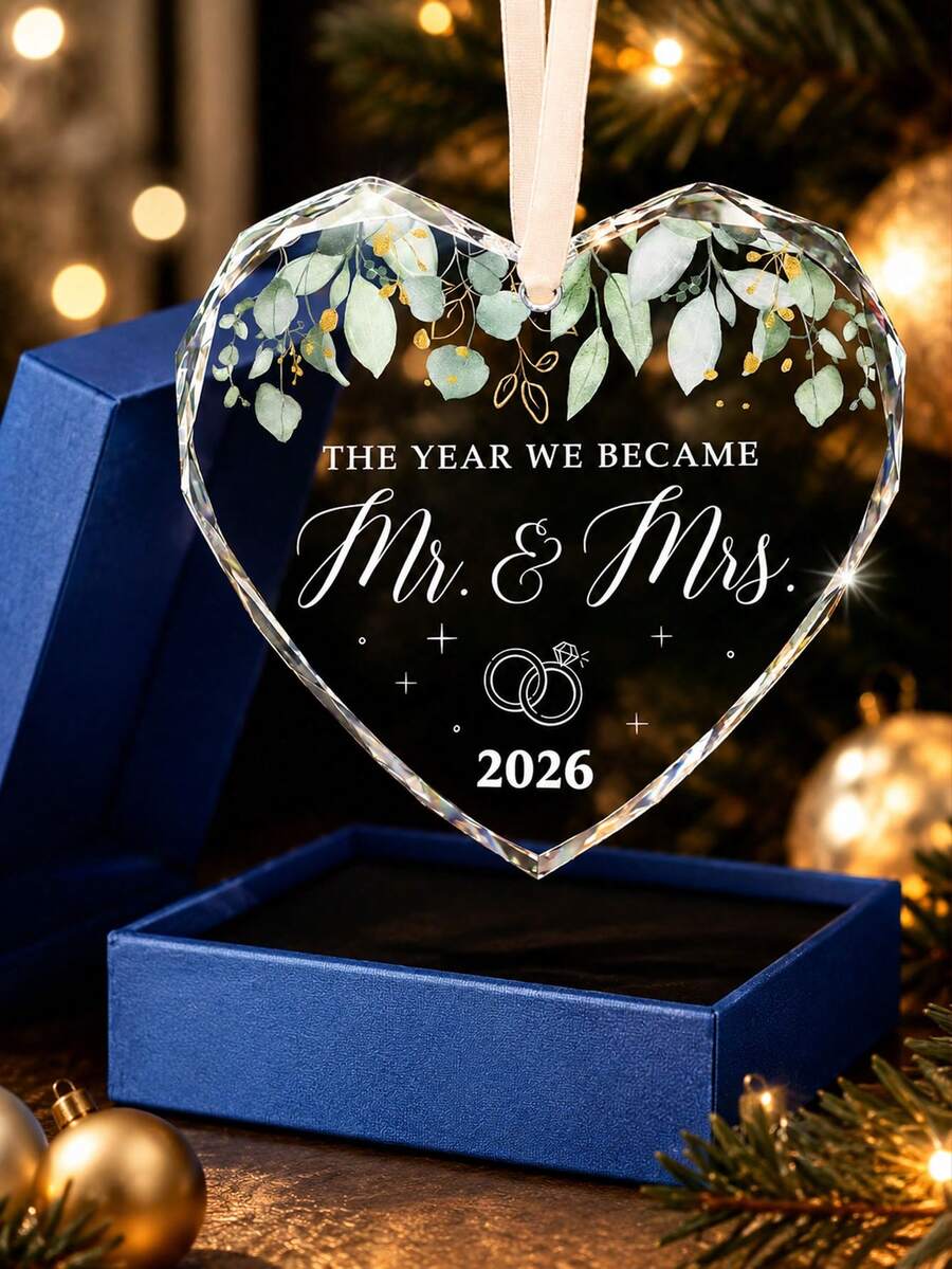 Gift Box Transparent Crystal Glass Ornament, Mr&Mrs Wedding Keepsake Pendant, Newlywed Couple Christmas Tree Hanging Decor, Valentine's Day Gift, Bridal Shower Party Favor, Anniversary And Mother's Day Newlywed Couple Gift - Heart-shaped Pendant Set - View 1