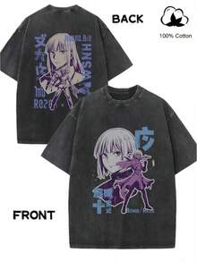 Camiseta de Estilo Vintage con Gráfico de la Chica Anime Japonesa Reze Bomb, Letras Kanji en Morado y Azul, Estilo Harajuku Retro, Streetwear, Camiseta de Algodón de Talla Grande para Fans d - Negro - Ver 2