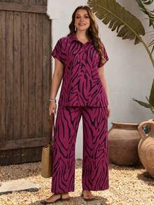Plus Size Women's Zebra Print Woven Fabric Casual Set Daily Summer Elegant - Hot Pink - View 4