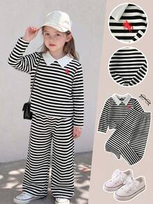 Young Girls School Uniform Autumn 2-Piece Set, New Autumn Fashion Versatile Sweatshirt Knit Striped Casual Cute Embroidered Turn-Down Collar Long Sleeve Pants Set Suitable For Outdoor Wear - Black and White - View 1