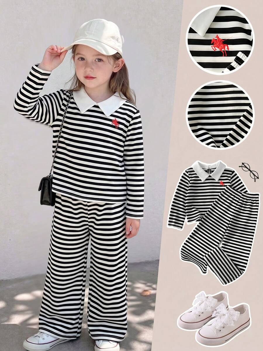 Young Girls School Uniform Autumn 2-Piece Set, New Autumn Fashion Versatile Sweatshirt Knit Striped Casual Cute Embroidered Turn-Down Collar Long Sleeve Pants Set Suitable For Outdoor Wear - Black and White - View 1