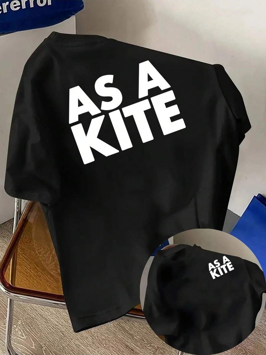 Camiseta de hombre, ASA KATE, con estampado de letras en la parte delantera y trasera, una camiseta de manga corta moderna y a la moda, adecuada para uso casual diario y actividades de fitne - Negro - Ver 1