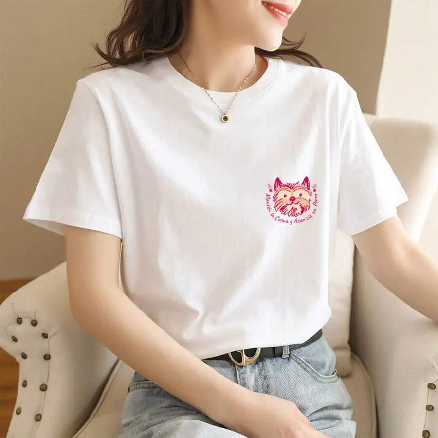 Loose Fit T-Shirt With Anime Cartoon Print - Smiling Dog - View 1