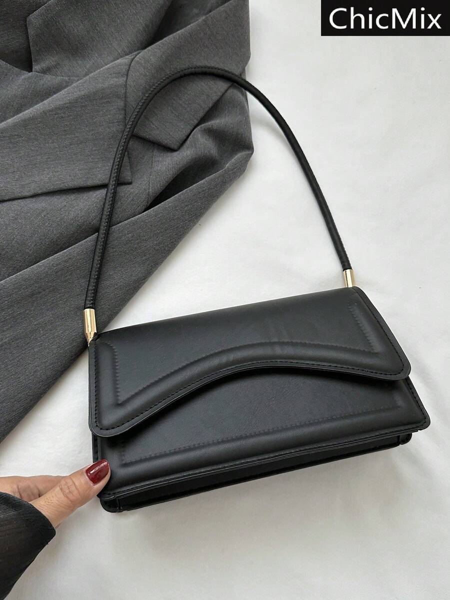 White Baguette Shoulder Bag With Wavy Flap, Women's Faux Leather Casual Handbag, Elegant Bag For Everyday Outings And Special Occasions, Summer Fashion - 黑色 - 查看 1