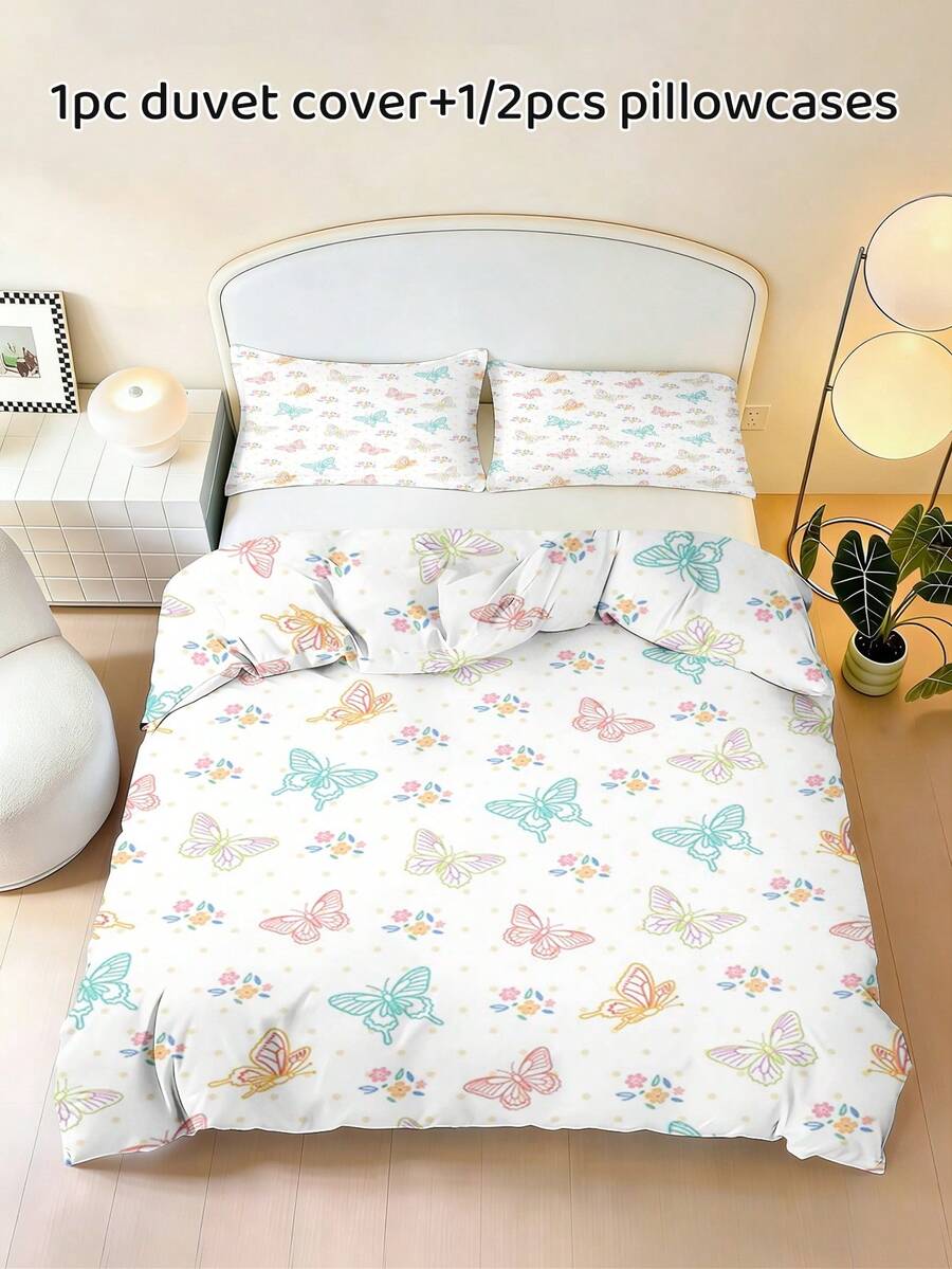2/3PCS Colorful Butterfly Floral Print Duvet Cover, Fresh Countryside Style Polyester Fabric Children'S Duvet Cover, Suitable For Children'S Bedroom, Guest Room Decoration, Daily Home Use In All Seasons - Multicolor - View 1