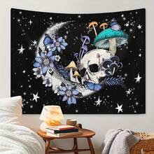 1件迷人骷髏與蘑菇月亮掛毯，星星、蝴蝶與花卉設計，聚酯纖維壁掛，附贈免費安裝套件，適合臥室、客廳、辦公室裝飾與主題派對 - 款式7 - 查看 3