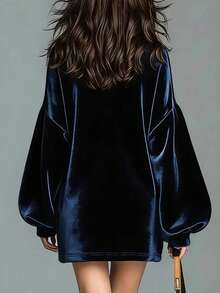 Women's Fashion Elegant High Neck Lantern Sleeve Velvet Mini Dress Solid Color Party Daily Date Autumn Winter Fall - Royal Blue - View 2