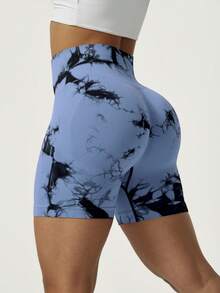 Shorts de fitness de mujer con teñido anudado púrpura de moda de verano, shorts de running sin costuras acanalados de cintura alta con control de abdomen, pantalones deportivos de color bloque azul/negro con teñido anudado de ajuste ceñido para exteriores, pantalones deportivos casuales para exteriores, adecuados para gimnasio, yoga, entrenamiento, ciclismo, uso casual al aire libre, shorts deportivos diarios para mujer, primavera/verano/otoño/invierno - Azul - Ver 5