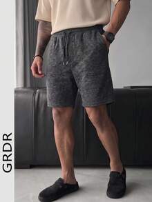 Pantalones cortos casuales de hombre GRDR con cordón, tejido negro lavado y texturizado - Negro - Ver 2