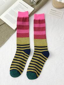1/4 Pairs Vintage Striped Compression Calf Socks, Women's Fashion Color-Block Long Socks, Slimming Barn Style Y2K Outfit, Pairs With Leather Shoes, Boots, Sandals, Suitable For Various Occasions - Multicolor - View 11
