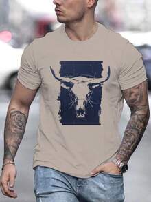Salvaje Oeste, Camiseta Gráfica de Calavera de Toro para Hombre - Cuello Redondo Casual, Manga Corta, Poliéster Transpirable - Perfecta para el Verano - Negro - Ver 7