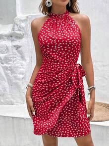 CZJ Women's Summer Dress 2026, New, Halter Neck, Zipper Closure, Sleeveless, Floral Print And Pleated - 紅色 - 查看 1