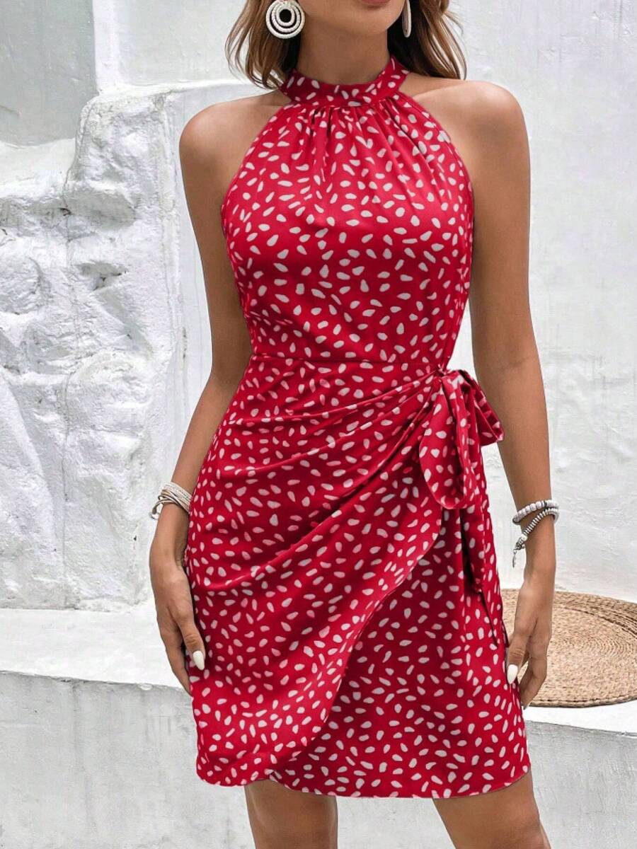 CZJ Women's Summer Dress 2026, New, Halter Neck, Zipper Closure, Sleeveless, Floral Print And Pleated - 紅色 - 查看 1
