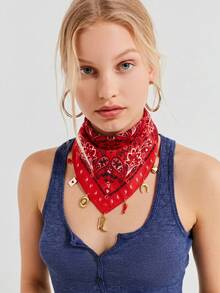 1件西式女款時尚波西米亞佩斯利印花方巾頭巾，附心形馬蹄辣椒靴西式帽子吊飾裝飾，適合日常百搭穿搭 - 紅色 - 查看 2