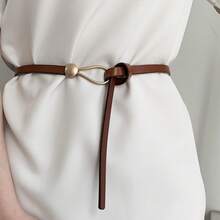 Women's PU Leather Thin Belt, Versatile Decorative Knot Belt, Fashionable Black Belt For Dresses, Sweaters And Skirts That Enhances The Waist. - 駝色 - 查看 6