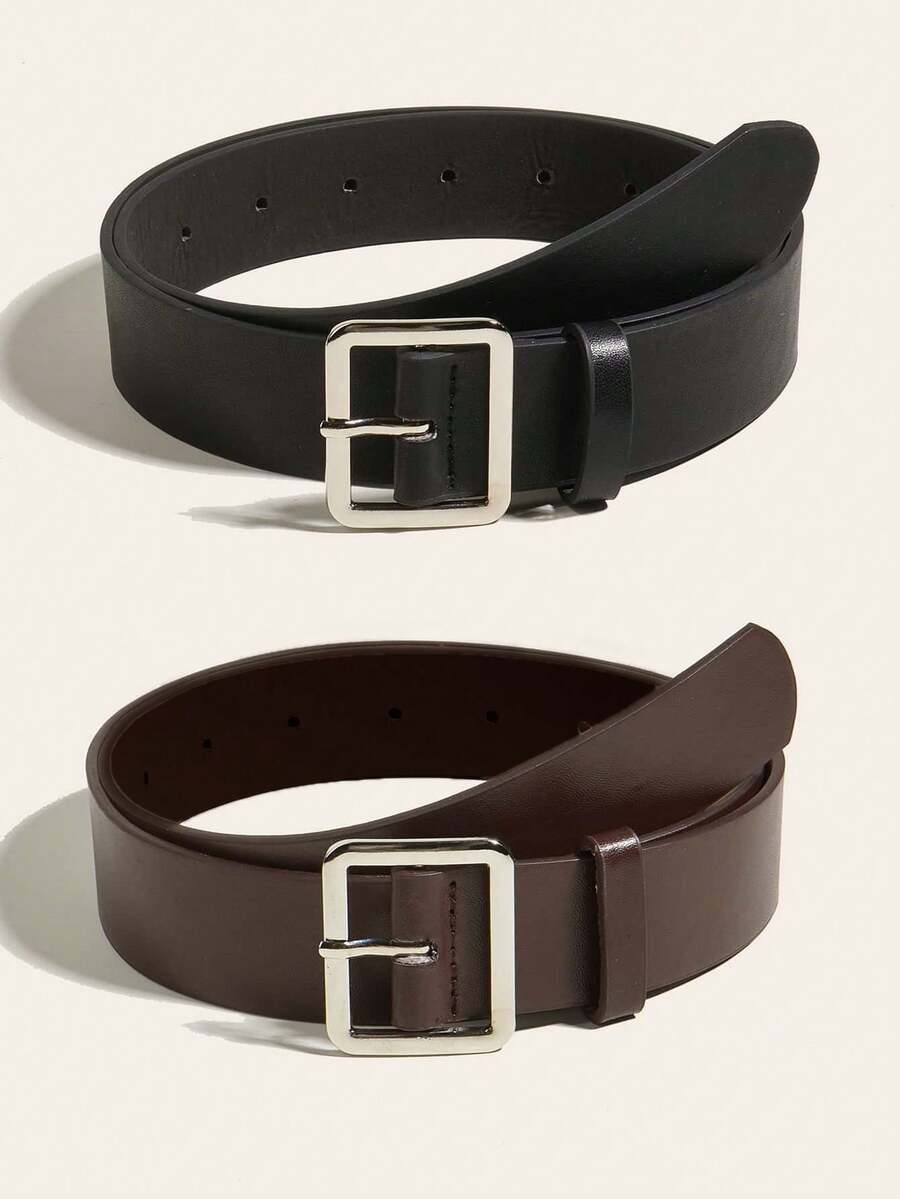 2pcs/Set Ladies' Brown & Black Leather Waist Belt With Silver Tone Square Buckle, Simple Style For Daily Wear Casual Fall, Autumn, Halloween - Multicolor - View 1