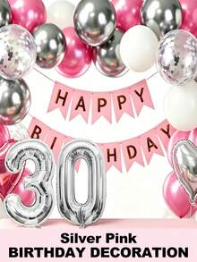 30th Birthday Pink And Silver Birthday Decorations, Pink White Silver Confetti Balloons Happy Birthday Balloon Banner Bobo Balloons Heart Foil Balloons For Birthday Party Decoration Room Decor Wedding Valentines - 30歲生日 - 查看 9
