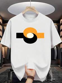 Men's Short Sleeve T-Shirts 2026 Men's Casual Summer T-Shirt - Beige With Orange And Black Graphic Print, Round Neck, Short Sleeve, Lightweight And Elastic Fabric, Perfect For Wearing - White - View 1