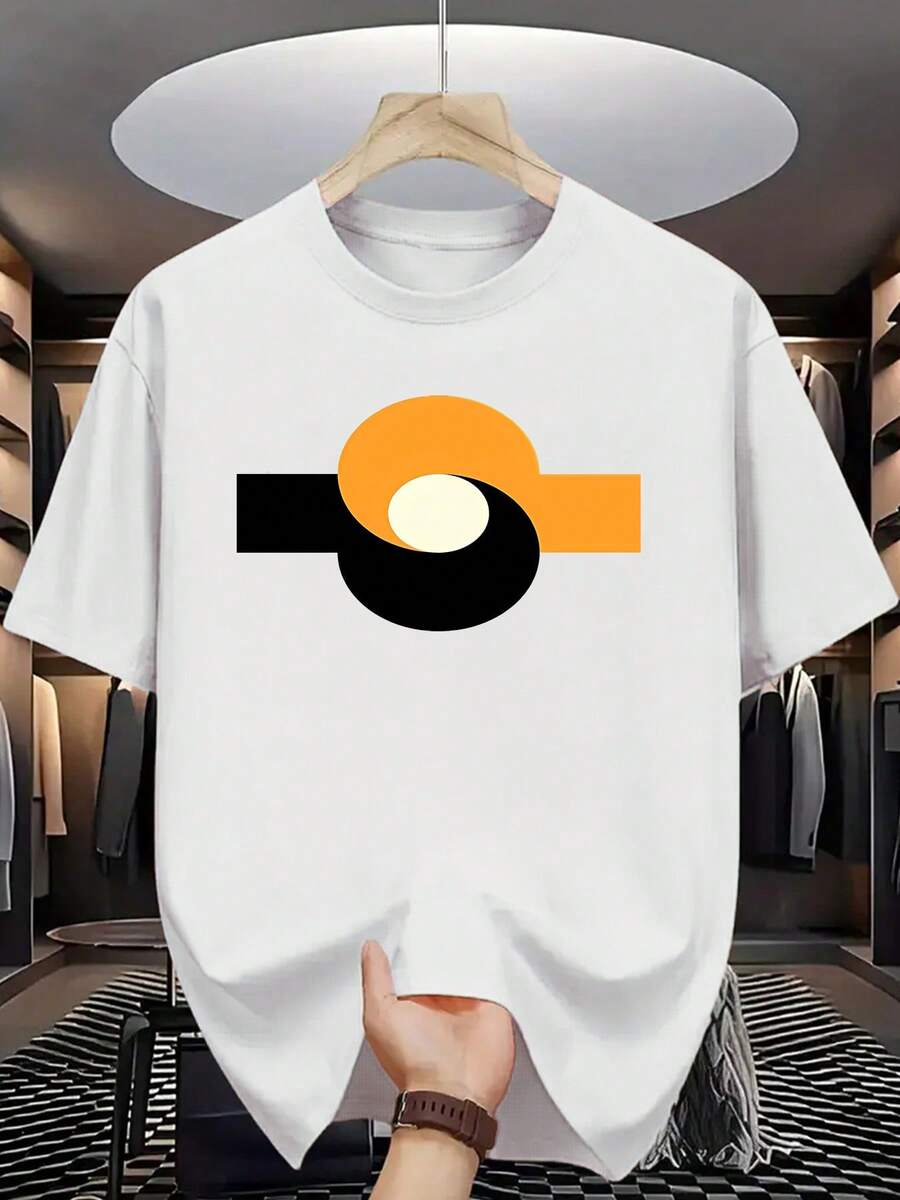 Men's Short Sleeve T-Shirts 2026 Men's Casual Summer T-Shirt - Beige With Orange And Black Graphic Print, Round Neck, Short Sleeve, Lightweight And Elastic Fabric, Perfect For Wearing - White - View 1