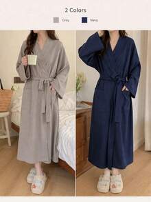 Unisex Waffle Knit Kimono Style Bathrobe, Absorbent Quick-Dry Soft, Loose Long Sleeve V-Neck, With Adjustable Waist Belt, Suitable For All Seasons, Hotel Spa Home Essential - Multicolor - View 9