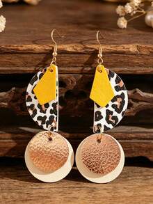 1 Pair Vintage American Hot Girl Style Colorblock Leopard Print Earrings, Semi-Circle Rhombus Patchwork Beige Double Round Disc Elegant Long Earrings - Multicolor - View 10