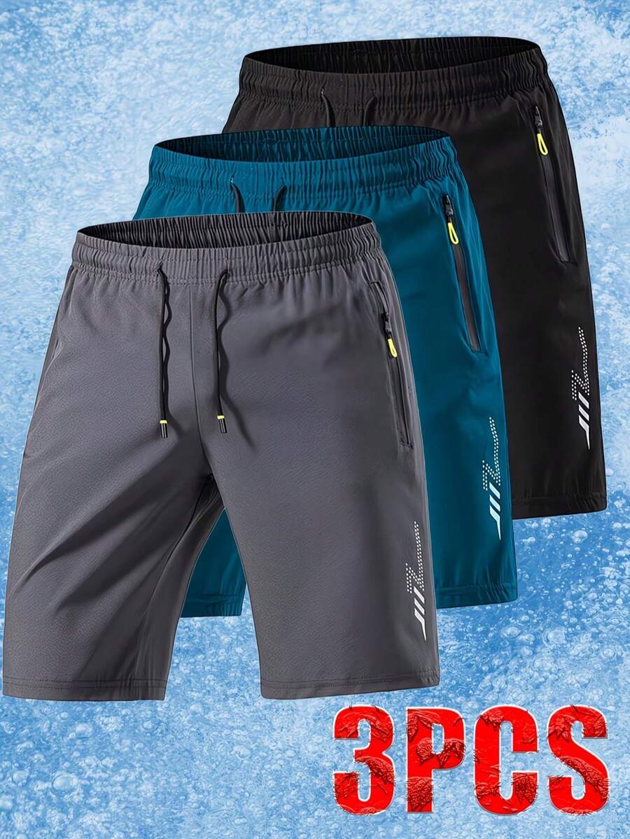 3pcs Men's Black Solid Color Contrast Drawstring Minimalist Casual 5-Inch Shorts, Made Of Polyester Fiber, And Daily Essentials Sports - Multicolor - View 1
