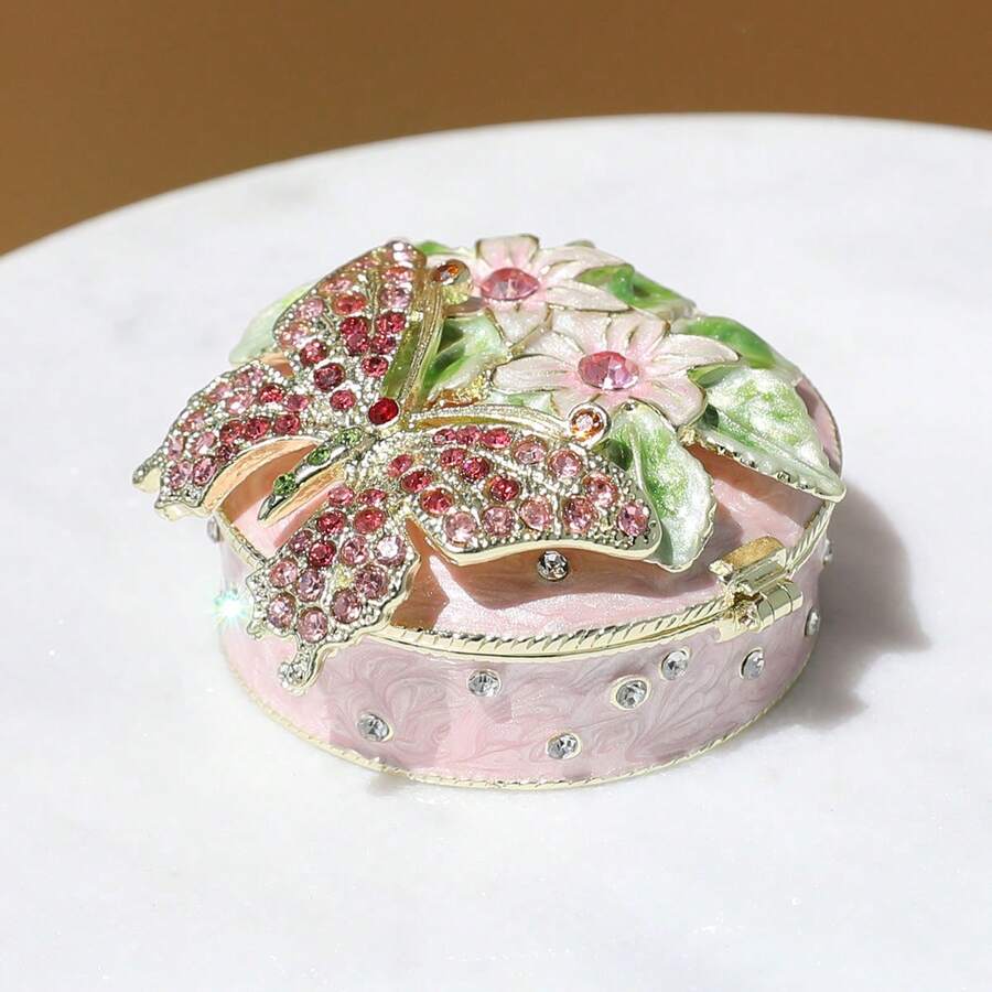 SIQIZHOU 1個手繪琺瑯裝飾品,奢華水鑽鑲嵌動物蝴蝶結造型圓形珠寶盒,收納盒,創意家居裝飾,蝴蝶與花卉珠寶盒,手繪水鑽收納盒,裝飾飾品,花盒 - 彩色 - 查看 1