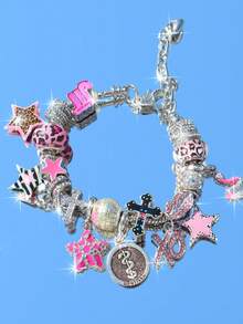 1 pieza Pulsera con dije de corazón y cruz con estampado de leopardo rosa, Pulsera de estrella con estampado de leopardo para niñas, Pulsera de amistad de estrella fucsia para niñas, Pulsera DIY de cruz oscura - Plateado - Ver 12