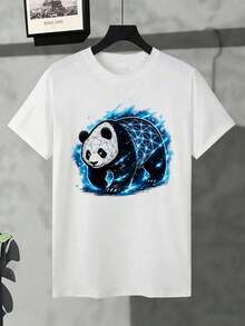Men's T-Shirt With Geometric Panda Motif For Autumn, Premium Material, Crew Neck, Relaxed Fit, Comfortable, Casual, New - White - View 2