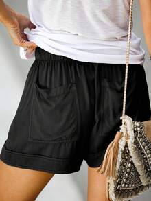 Women's Casual Shorts With Adjustable Drawstring, Elastic Waistband, Solid Color, Lightweight, For Summer Beach, With Pockets - 黑色 - 查看 4