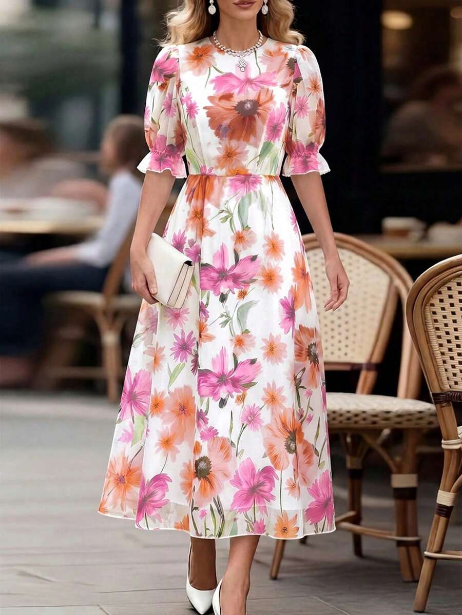Vestido con estampado francés, mangas sueltas, puños elásticos y cintura drapeada para mujeres - Multicolor 2 - Ver 1