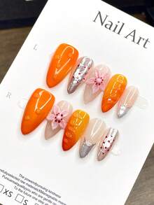 Summer Citrus Press On Nails, Nude To Vibrant Orange Gradient Base With Hand Drawn Line & 3D Pink Flower + Silver Metallic Tip Long Almond Glossy Full Cover Wearable Nails For Vacation Dating Handmade Press On Nails - Orange - View 4
