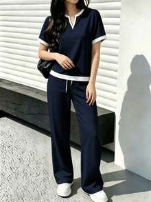Spring/Summer Women's 2-Piece Set, Casual Versatile Contrast Color V-Neck Short Sleeve Top And High Waist Drawstring Straight Leg Pants Elegant - Navy Blue 46+ Off-white - View 5