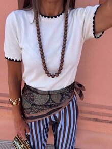Women's Knit Crew Neck Short Sleeve Top, Commuting & Casual Wear, Summer - Off White - View 8