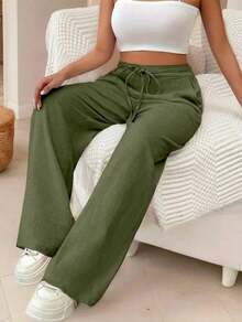 Women's Linen Palazzo Pants, Adjustable Waist With Drawstring, Side Pockets, Casual And Breathable For Vacations - 墨綠色 - 查看 2