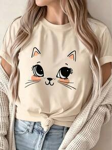 Camiseta de manga corta con cuello redondo estampada para mujer, ideal para el verano, vacaciones o para ir al trabajo. - Albaricoque - Ver 1