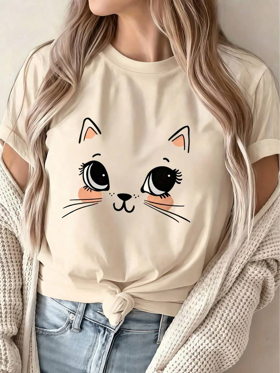 Camiseta de manga corta con cuello redondo estampada para mujer, ideal para el verano, vacaciones o para ir al trabajo. - Albaricoque - Ver 1
