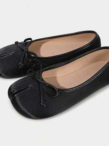 New Women's Fashion Elegant Solid Color Bow Decor Slip-On Round Toe Peep Toe Flat Black Loafers - Black - View 6