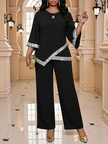 Fleurora Plus Size Elegant Party Sequin Decorated Top And Pants 2 Pieces Set Blouse And Pants Set 2 Piece Plus Size Pants Set 2 Piece Lounge Sets Woman - Black - View 4