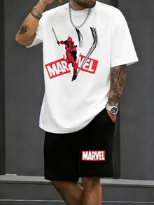 Deadpool Marvel Logo Mens Short Sets Cotton T-Shirt And Shorts Set Marvel Superhero Graphic, Streetwear Casual Clothes For Men Summer  Clothes Gifts - 白色 - 查看 2