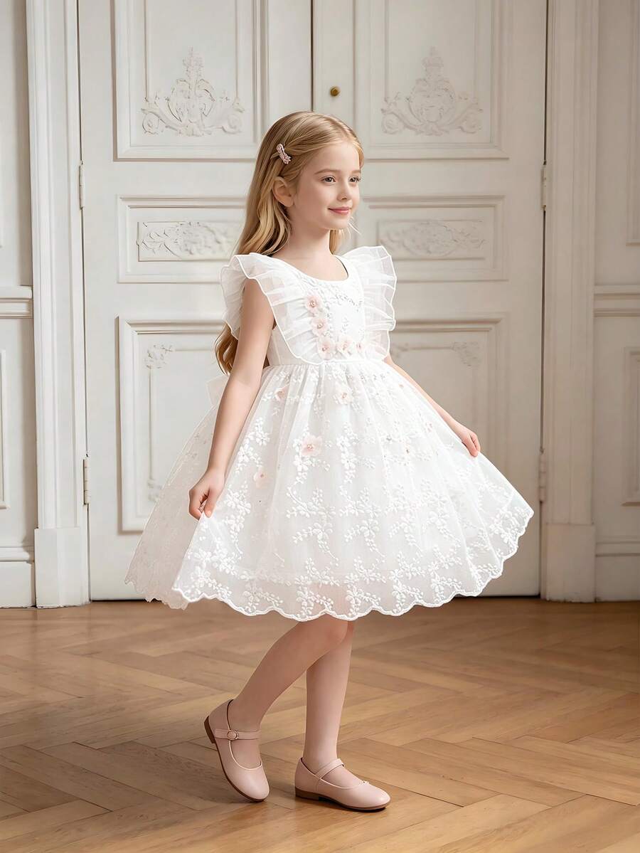 Young Girls Flutter Sleeve Embroidered Floral Mesh Elegant Flower Girl Princess Dress Suitable For Vacation And Outings, Headband Not Included - White - View 1