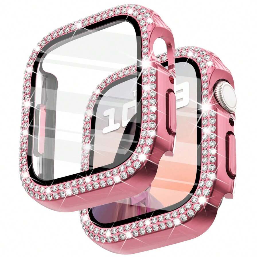 Casing Pelindung Berkilau dengan Pelindung Layar, Casing Pelindung Berlian Imitasi Penuh Kompatibel dengan Apple Watch 38mm 40mm 41mm 42mm 44mm 45mm 46mm, Cocok untuk Apple Watch SE Seri 11/10/9/8/7/6/5/4/3/2/1, Merah Muda Mawar - mawar merah muda - View 1