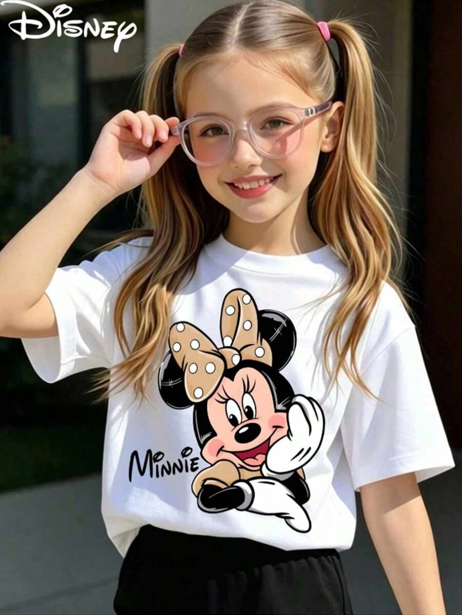 Disney Minnie Mouse Khaki Polka Dot Bow Waving Hand Kids T-Shirt Girls Casual Short Sleeve Top - White - View 1