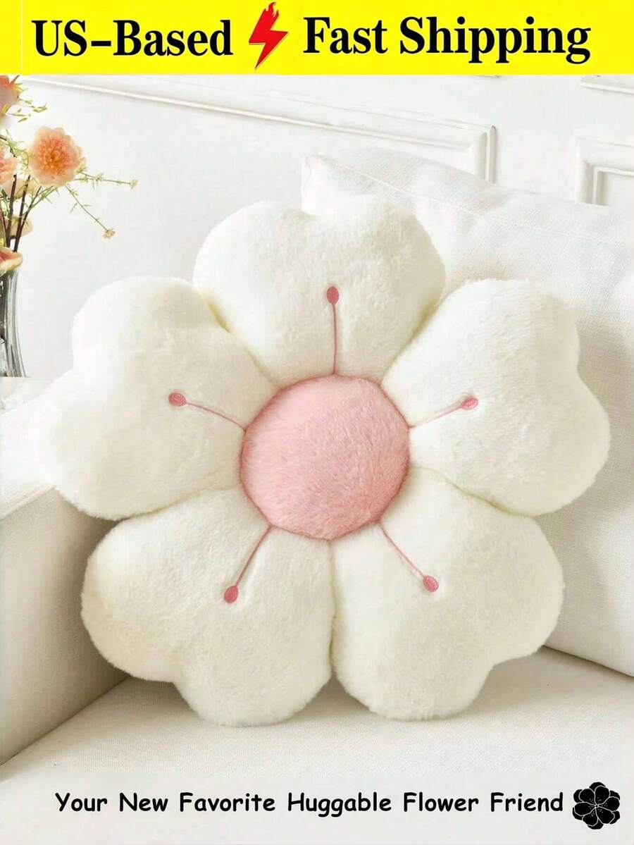 Christmas Decorative Pillows, Adorable Daisy Flower Cushions, Soft Faux Rabbit Fur Pillows For Sofas, Bedrooms, And Living Rooms,Perfect For Christmas And New Year Home Decor,A Wonderful Christmas Gift For Family And Friends - 白色粉芯 - 查看 1